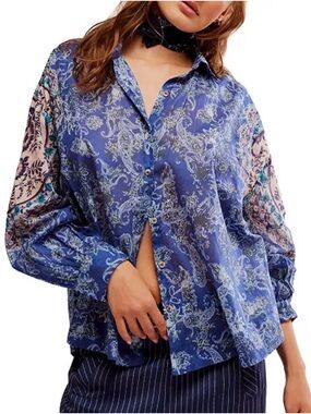 NWT Free People Rose Bud Paisley Print Blouse Blue Sheer Size Small Button Up